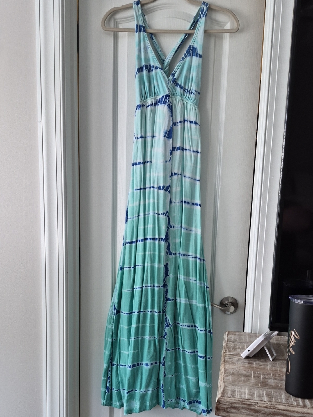 Tie-Dye V-Neck Maxi Dress in Mint Blue